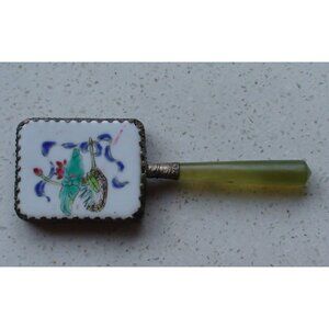 Enamel Lotus Hand Mirror with Green Glass Handle and Decorative Edging